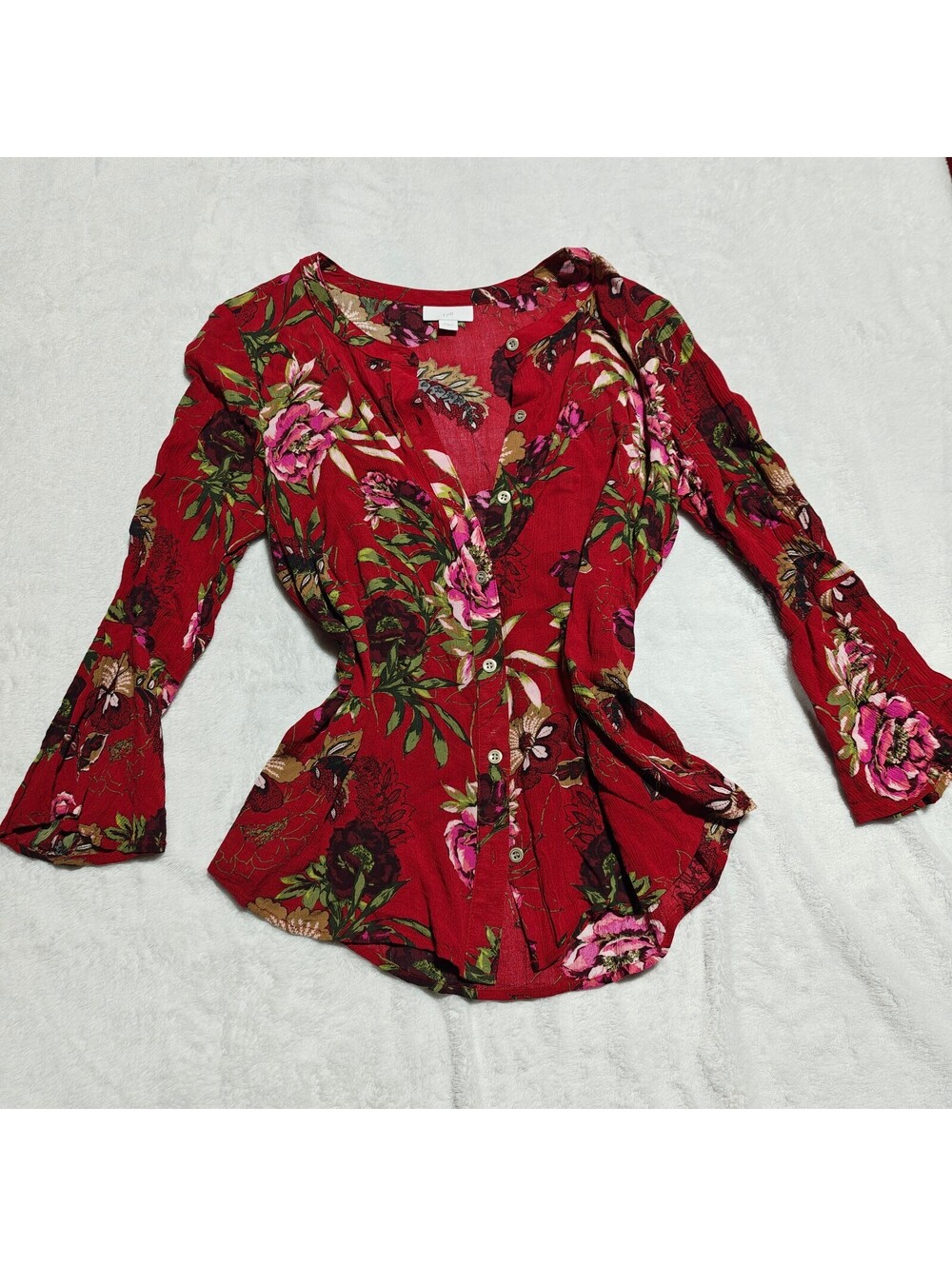 J Jill Red Floral Tropical Flowy Button Up Blouse with Bell Sleeves